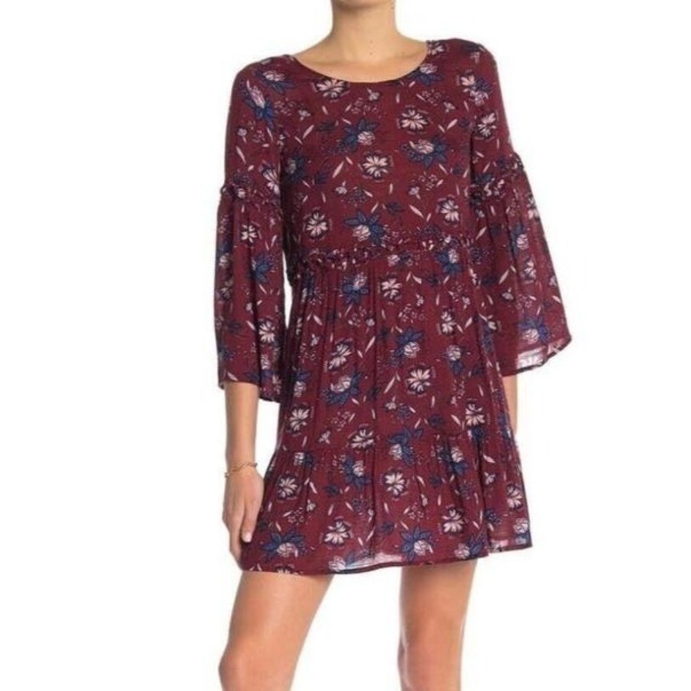 William Rast Women Boho Cottagecore Floral Bell Sleeve Mini Dress L Burgundy NEW